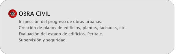 OBRA CIVIL Inspecci�n del progreso de obras urbanas. Creaci�n de planos de edificios, plantas, fachadas, etc. Evaluaci�n del estado de edificios. Peritaje. Supervisi�n y seguridad.